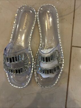 Lemonade Clear Jeweled Slide Mules in Silver